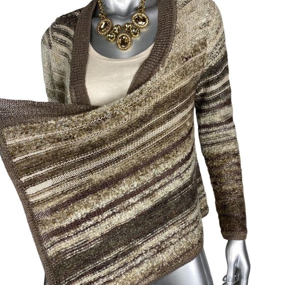 Curio Brown Striped Asymmetric Cardigan Sweater M - Picture 3 of 8